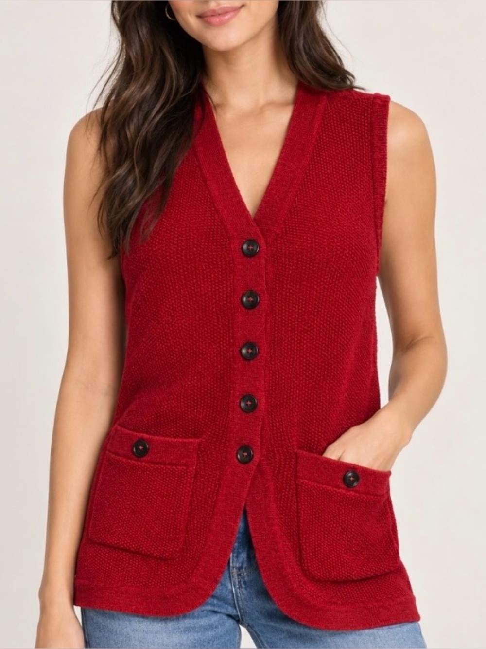 Moon River Red Knit Button Vest With Pockets Size S